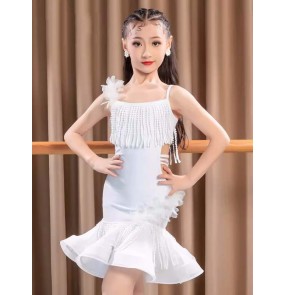 Girls kids white fringe latin dance dresses for children ballroom salsa rumba latin dance wear for children